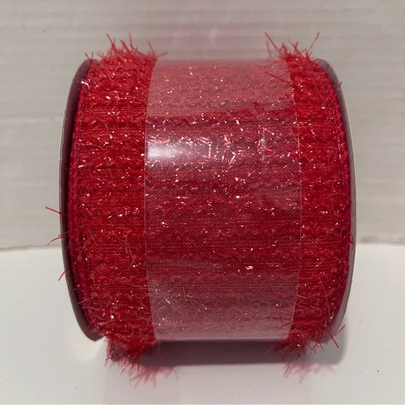 Sparkly Red tinsel WIRED solid Ribbon 3.5” - Picture 2 of 4